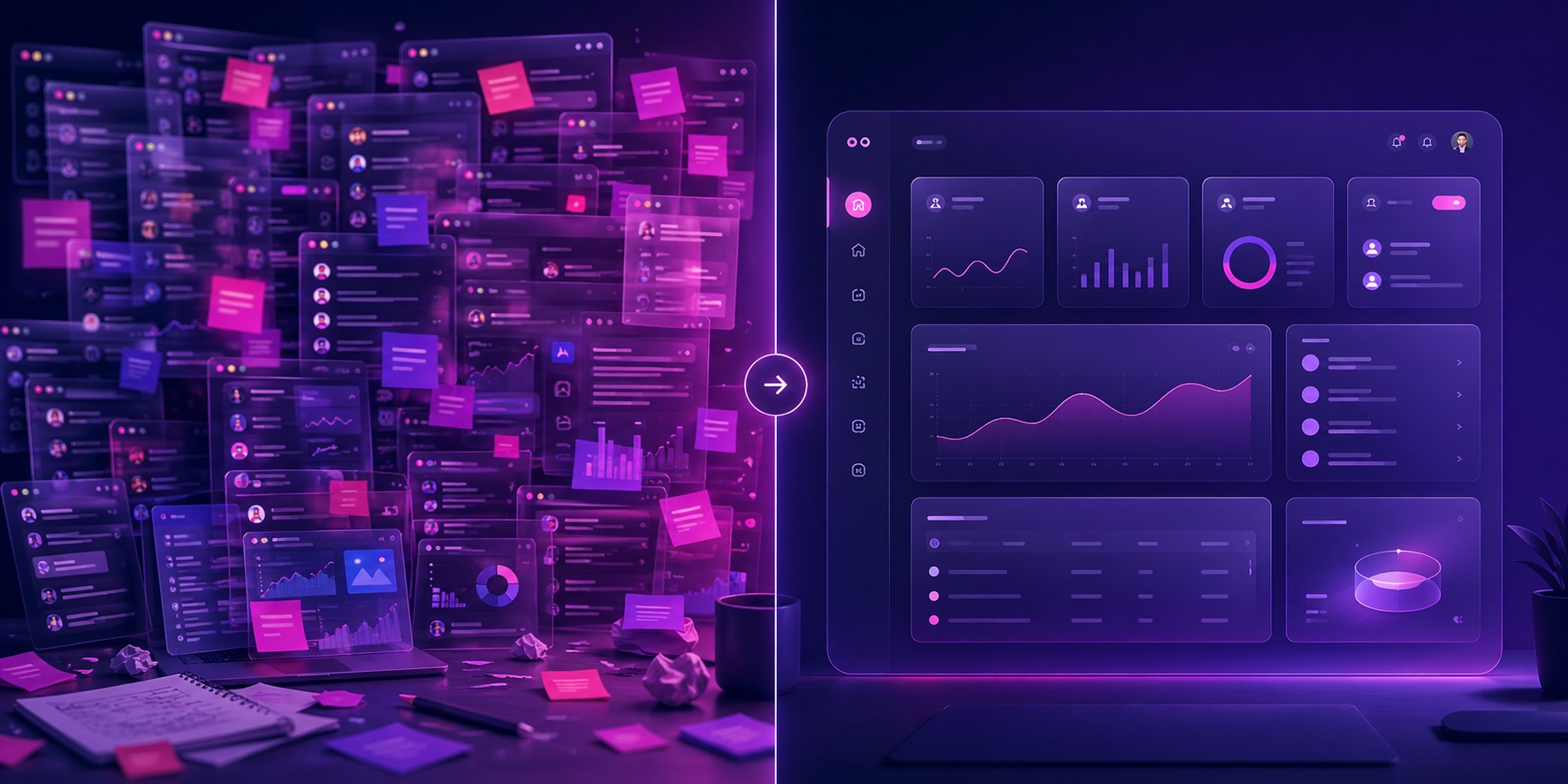 Before and after: scattered tools vs one workspace