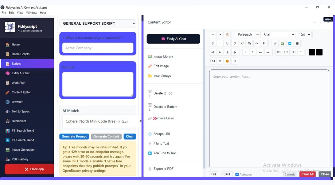 Fiddyscript Scripts & Content Editor workflow screenshot