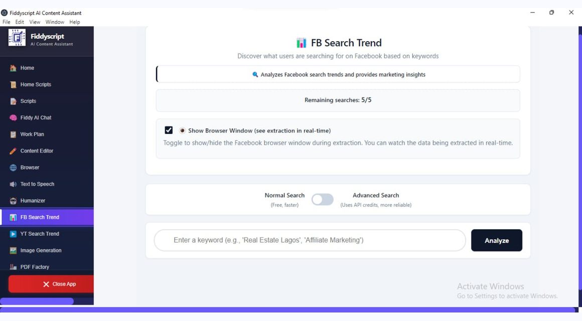 Fiddyscript FB Search Trend workflow screenshot