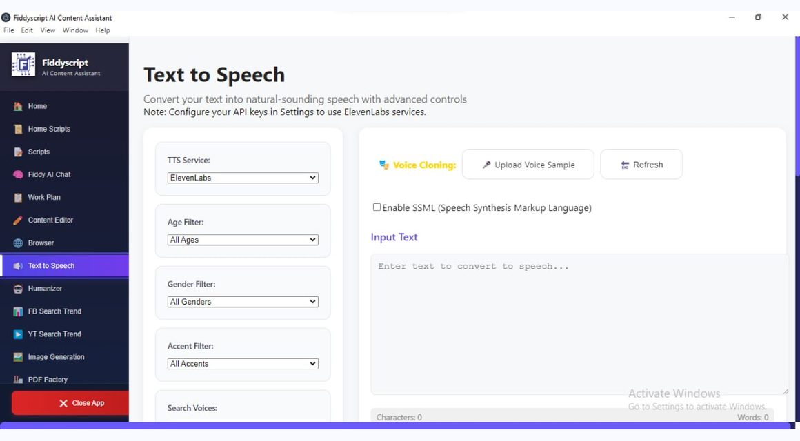 Fiddyscript Text to Speech workflow screenshot