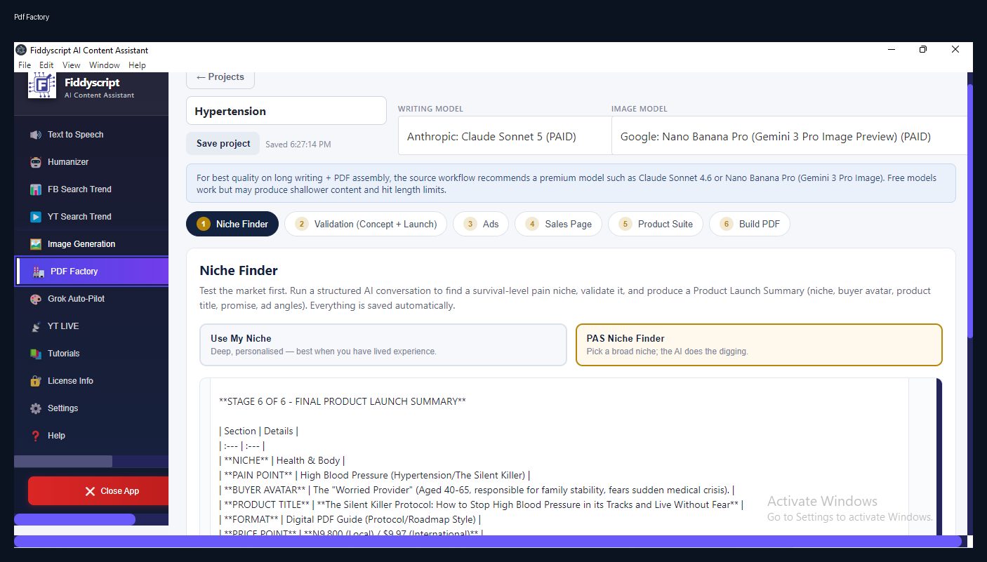 Fiddyscript PDF Factory workflow screenshot